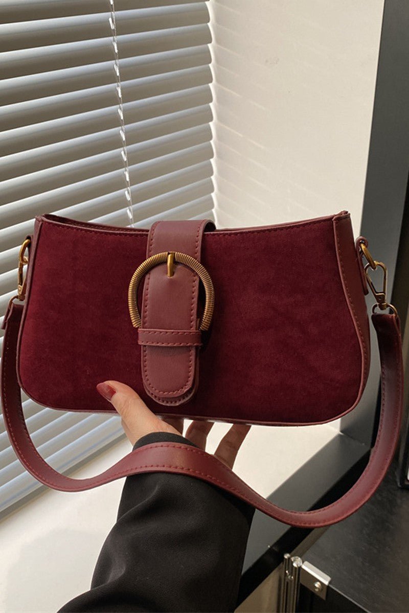 Elegant Suede Retro Buckle Bag In Cabernet - Infinity Raine