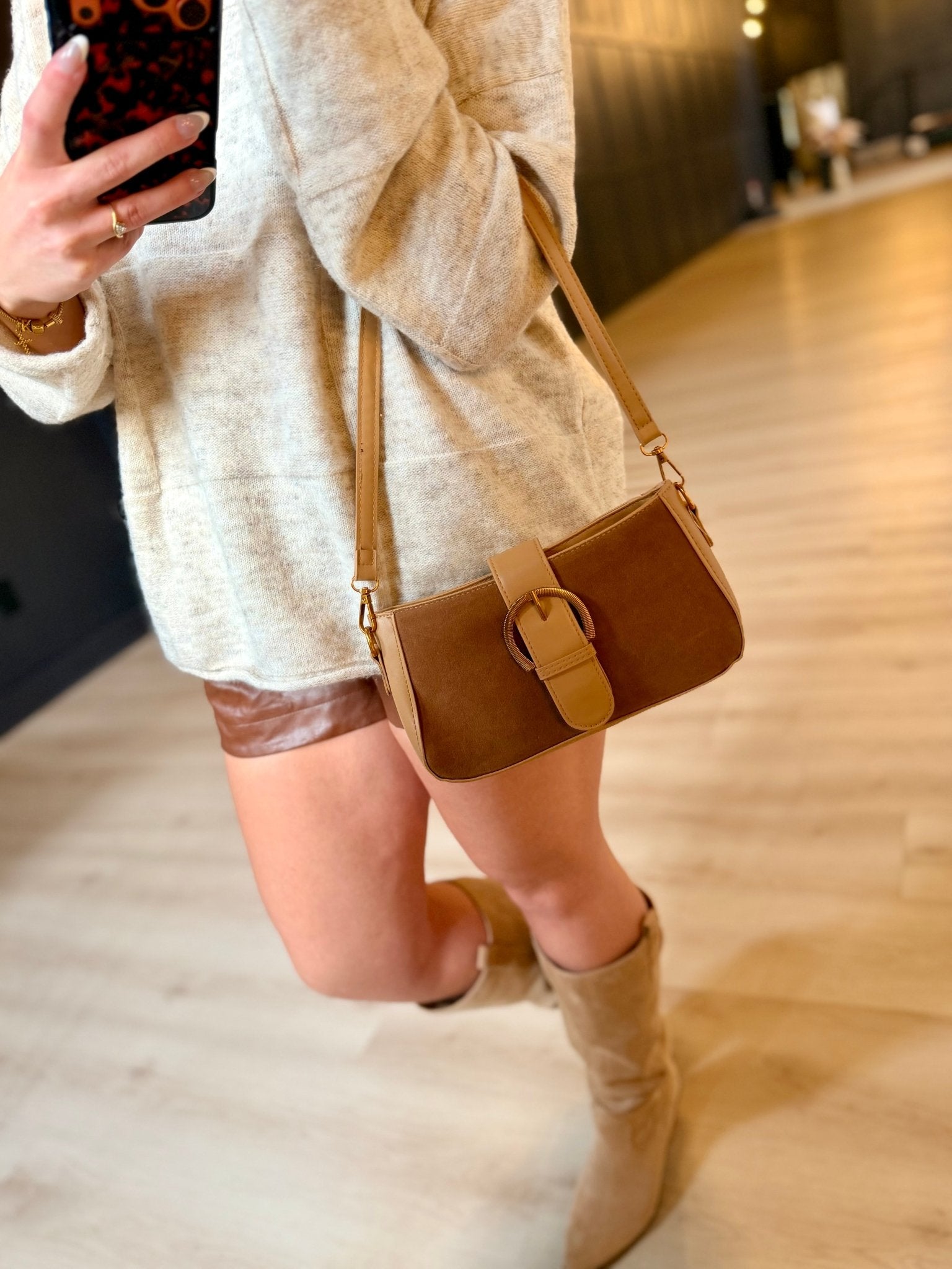 Elegant Suede Retro Buckle Bag In Light Camel - Infinity Raine