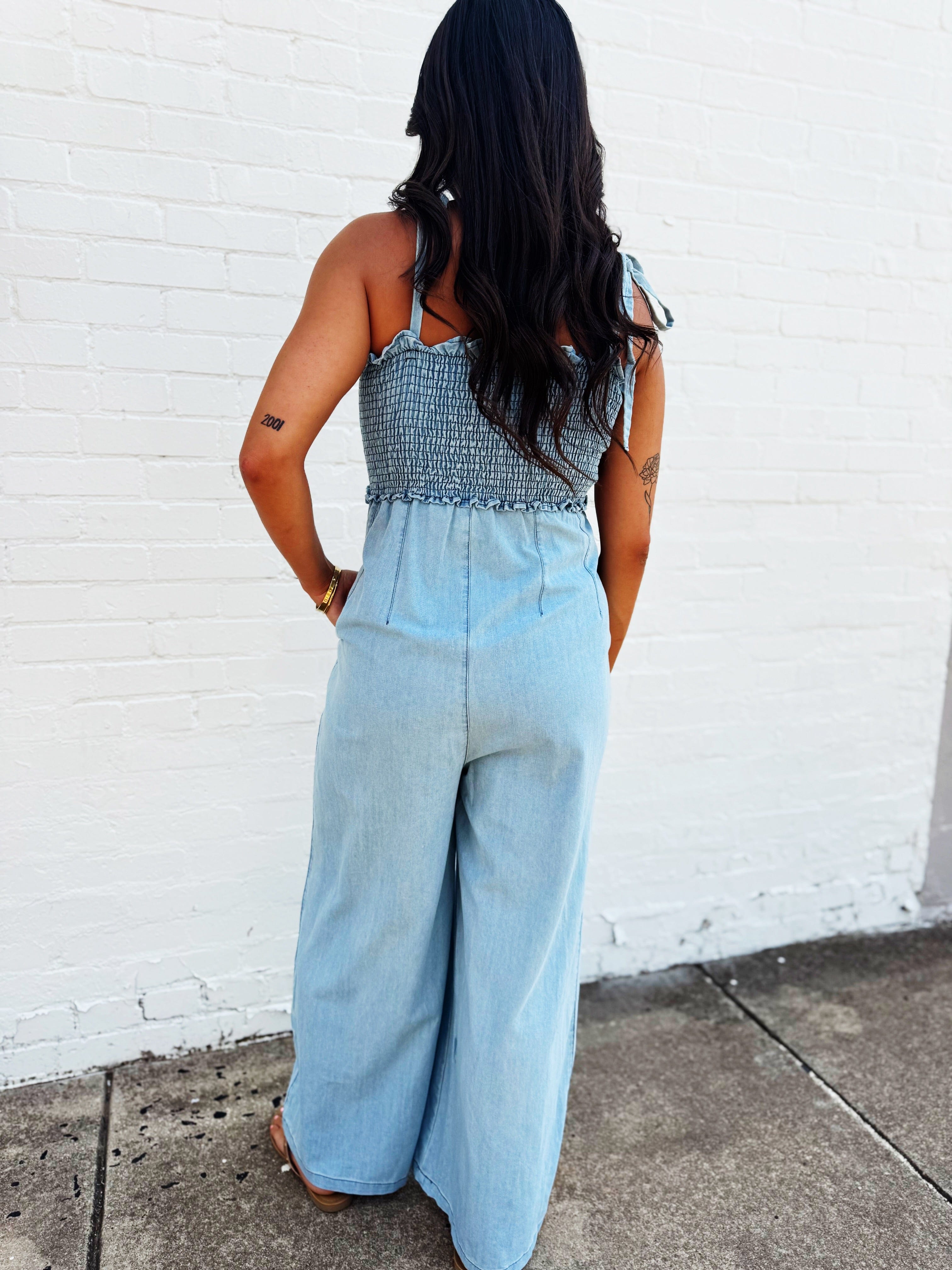 Shoulder Tie Smocked Jumpsuit In Light – Infinity Raine