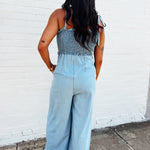 Shoulder Tie Smocked Jumpsuit In Light - Infinity Raine