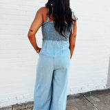 Shoulder Tie Smocked Jumpsuit In Light - Infinity Raine
