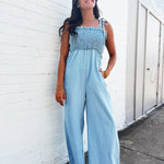 Shoulder Tie Smocked Jumpsuit In Light - Infinity Raine
