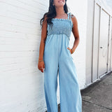 Shoulder Tie Smocked Jumpsuit In Light - Infinity Raine