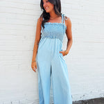 Shoulder Tie Smocked Jumpsuit In Light - Infinity Raine