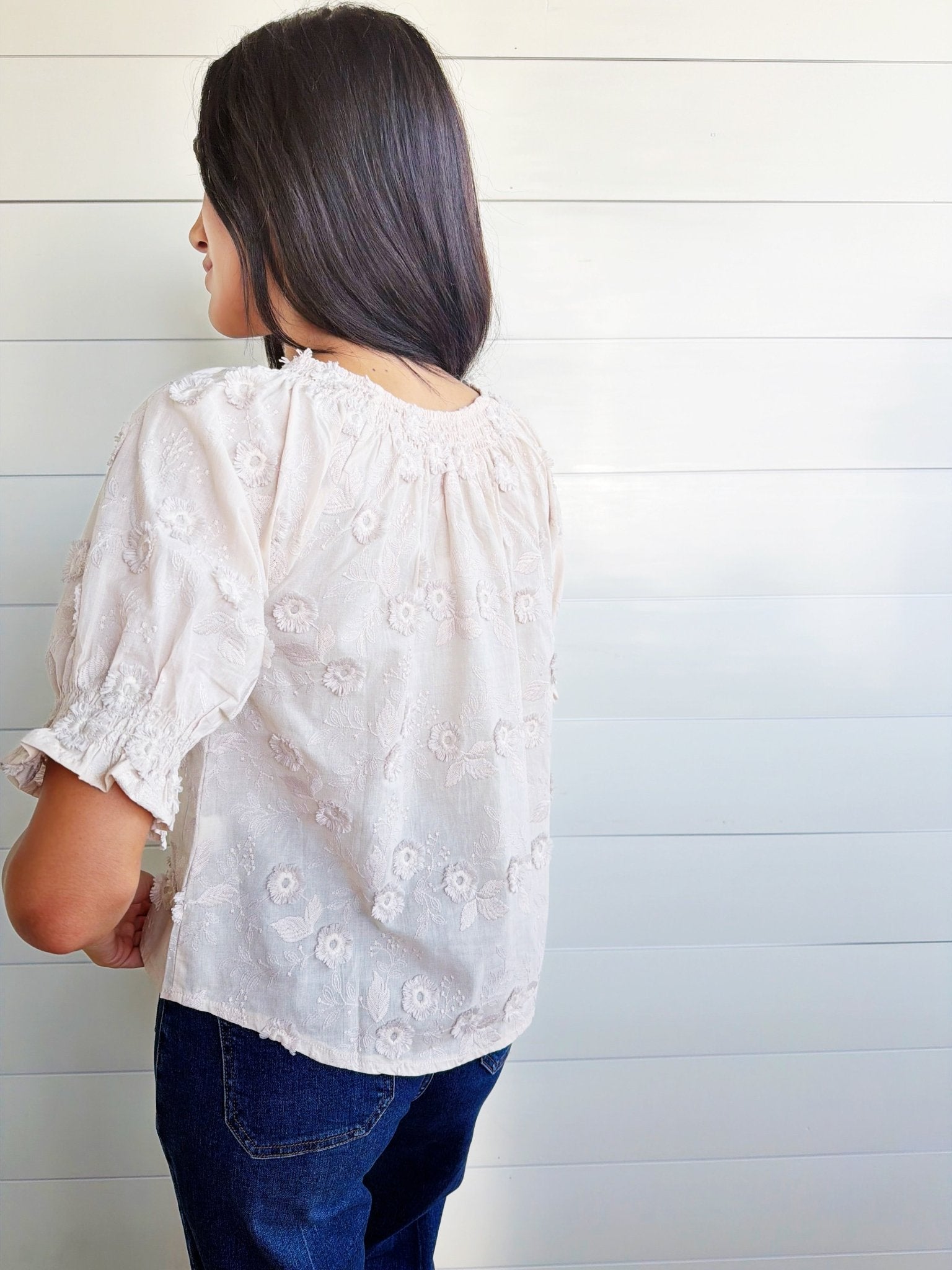 Embroidered 3D Floral Off or On The Shoulder Blouse in Khaki - Infinity Raine