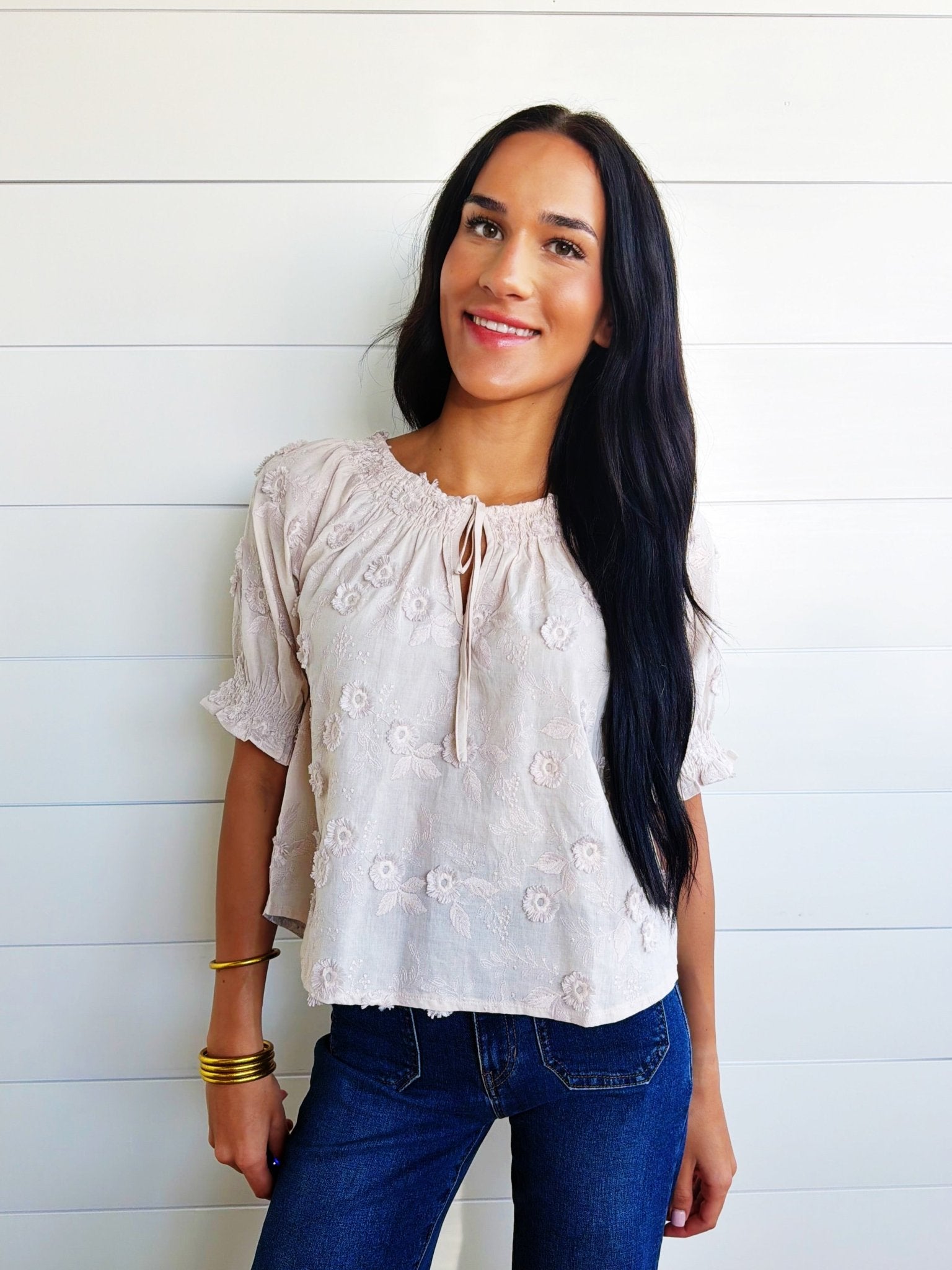 Embroidered 3D Floral Off or On The Shoulder Blouse in Khaki - Infinity Raine