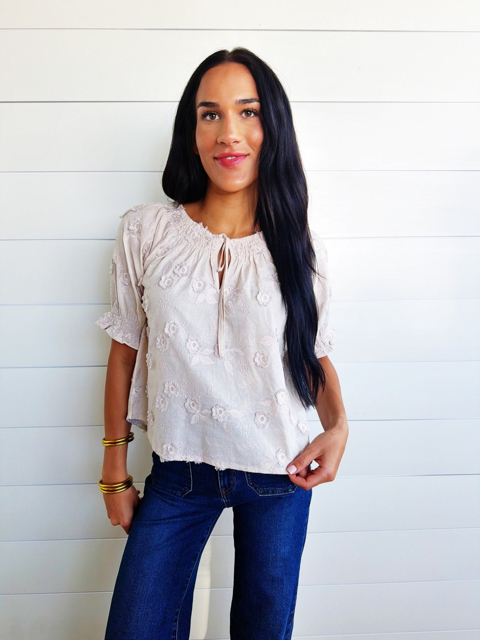 Embroidered 3D Floral Off or On The Shoulder Blouse in Khaki - Infinity Raine