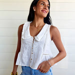 Embroidered Collared Ruffle Trim Button Down Top In Off White - Infinity Raine