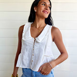 Embroidered Collared Ruffle Trim Button Down Top In Off White - Infinity Raine