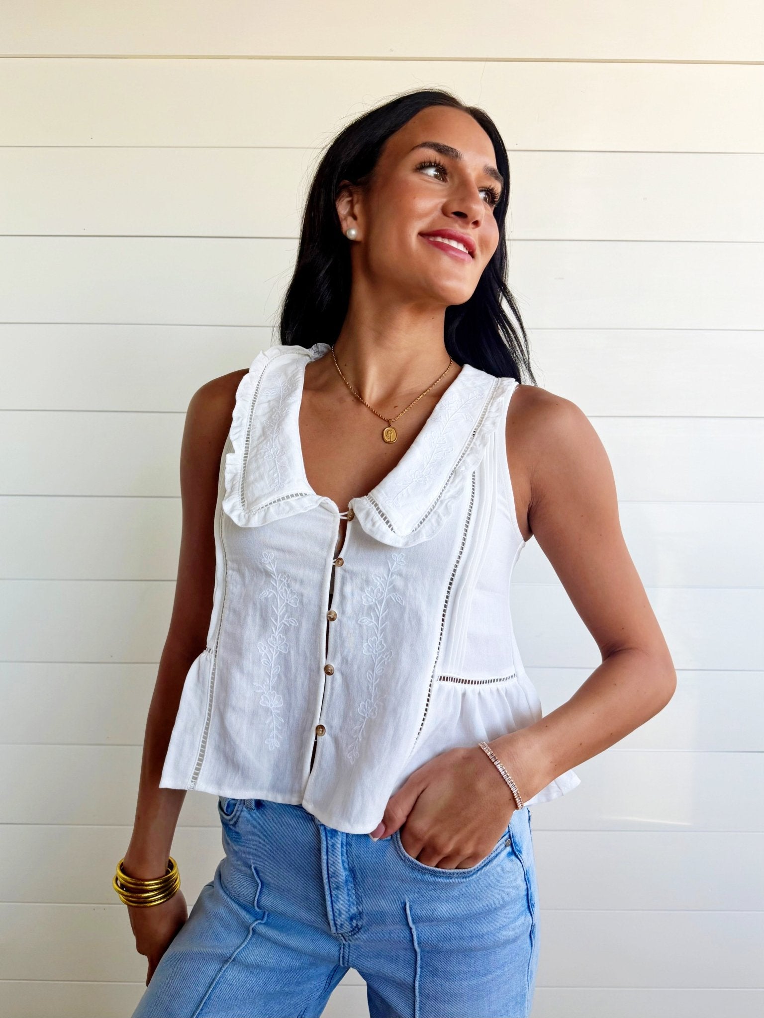 Embroidered Collared Ruffle Trim Button Down Top In Off White - Infinity Raine