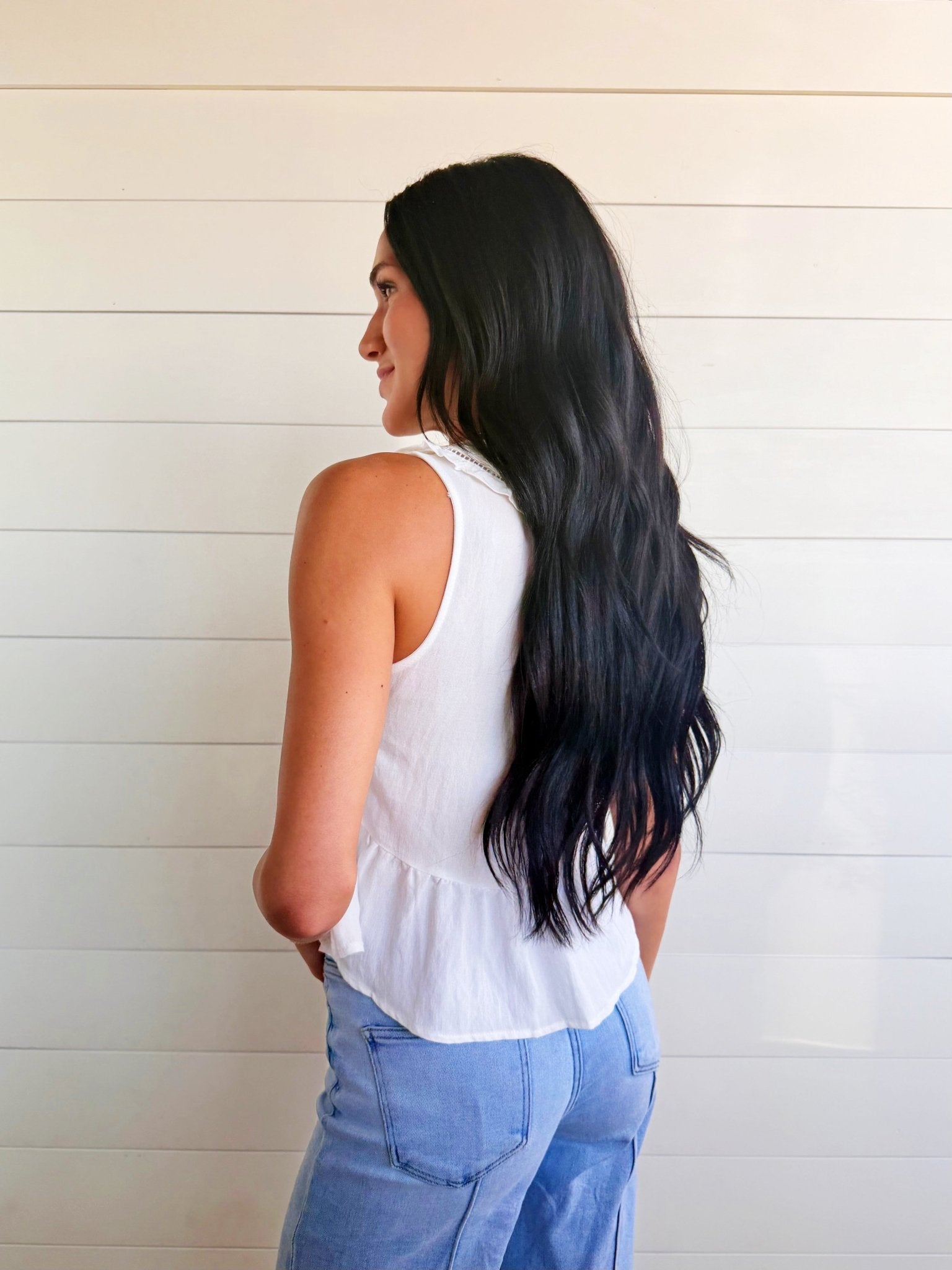 Embroidered Collared Ruffle Trim Button Down Top In Off White - Infinity Raine