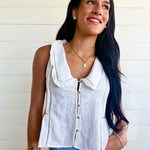 Embroidered Collared Ruffle Trim Button Down Top In Off White - Infinity Raine