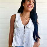 Embroidered Collared Ruffle Trim Button Down Top In Off White - Infinity Raine