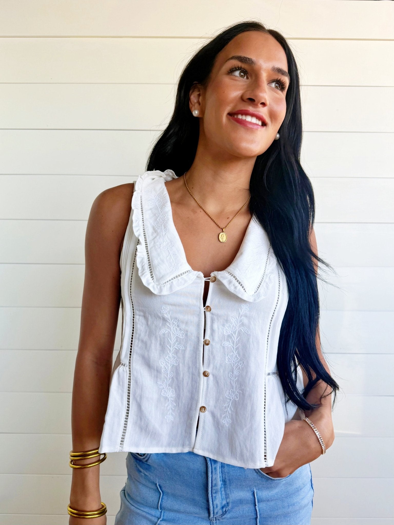 Embroidered Collared Ruffle Trim Button Down Top In Off White - Infinity Raine