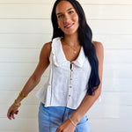 Embroidered Collared Ruffle Trim Button Down Top In Off White - Infinity Raine