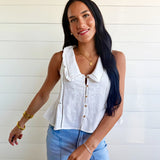 Embroidered Collared Ruffle Trim Button Down Top In Off White - Infinity Raine