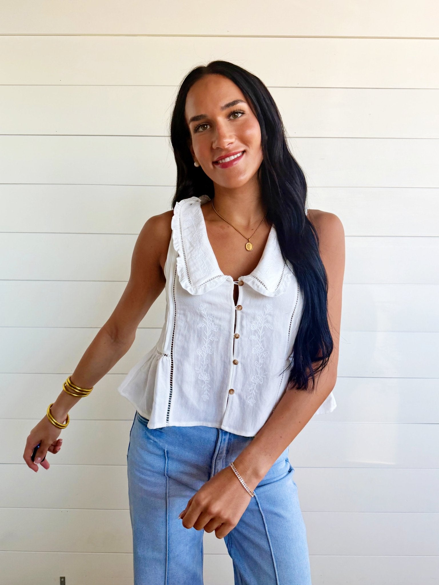 Embroidered Collared Ruffle Trim Button Down Top In Off White - Infinity Raine