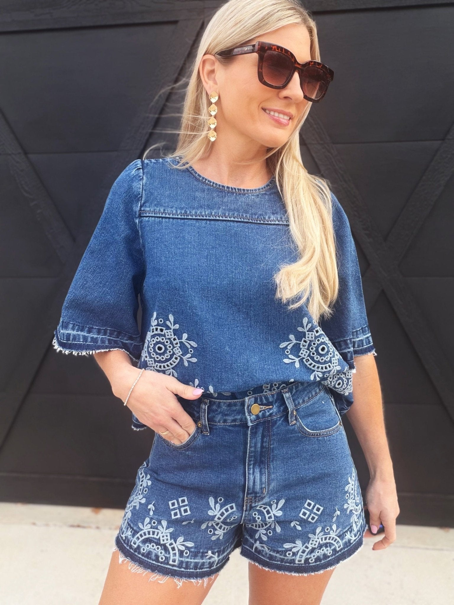 Embroidered Denim Top And Short Set In Medium Wash - Infinity Raine