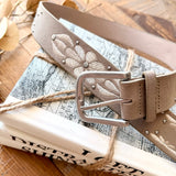 Embroidered Floral Print Vegan Leather Belt In Khaki - Infinity Raine