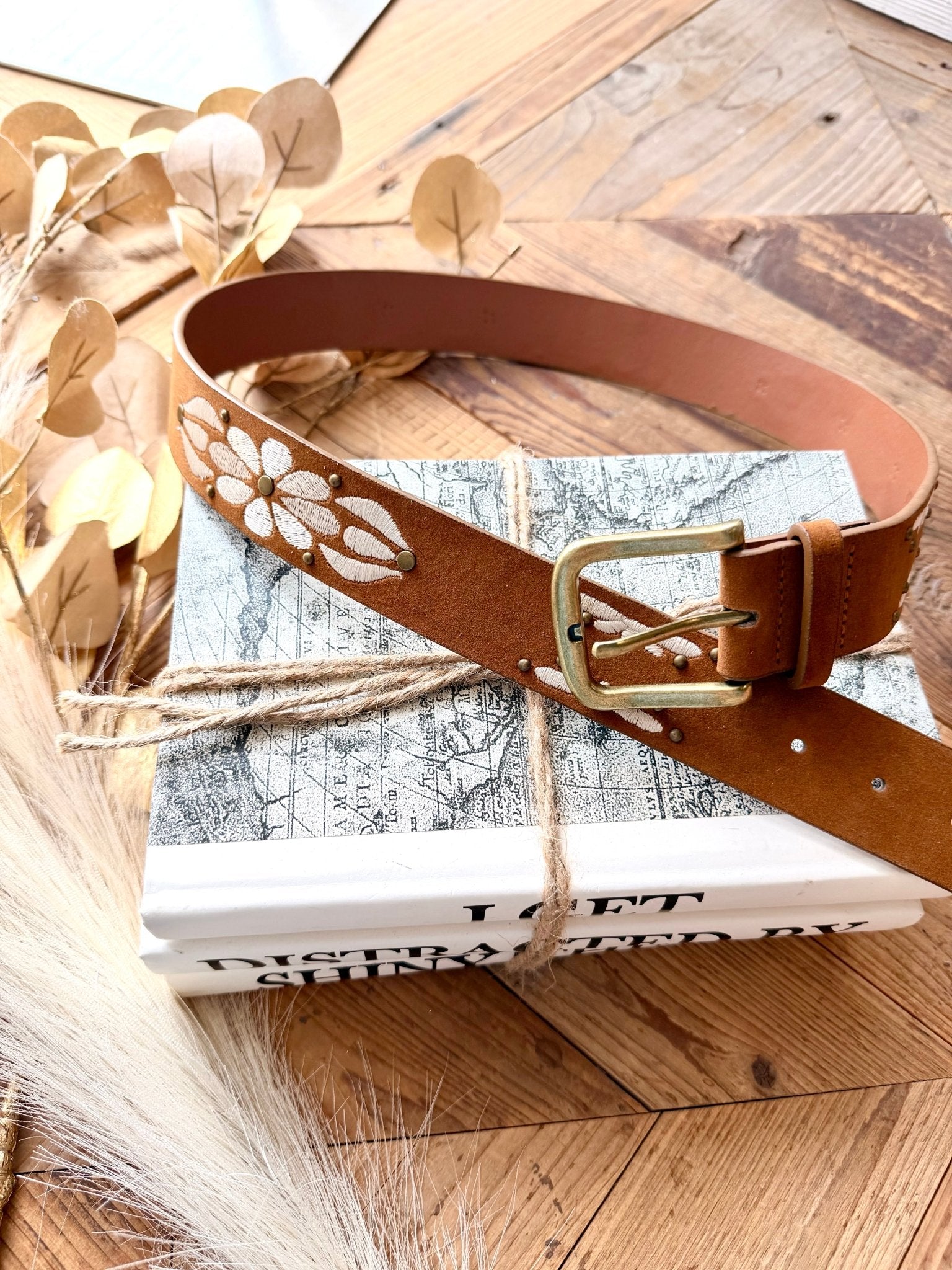 Embroidered Floral Print Vegan Leather Belt In Light Brown - Infinity Raine
