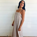 Embroidered Smocked Striped Tunic Maxi Dress In Brown - Infinity Raine