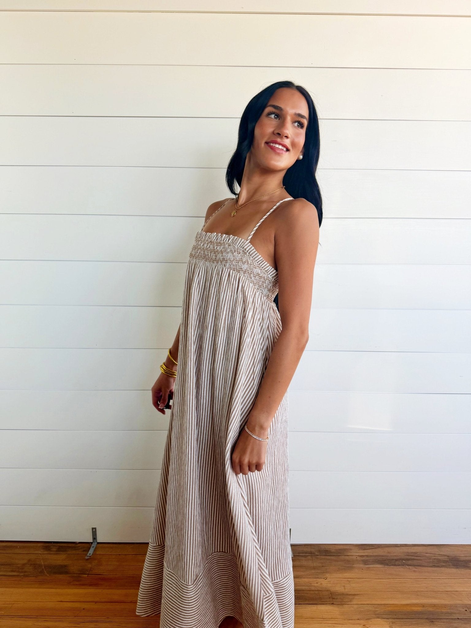 Embroidered Smocked Striped Tunic Maxi Dress In Brown - Infinity Raine