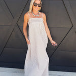 Embroidered Smocked Striped Tunic Maxi Dress In Brown - Infinity Raine