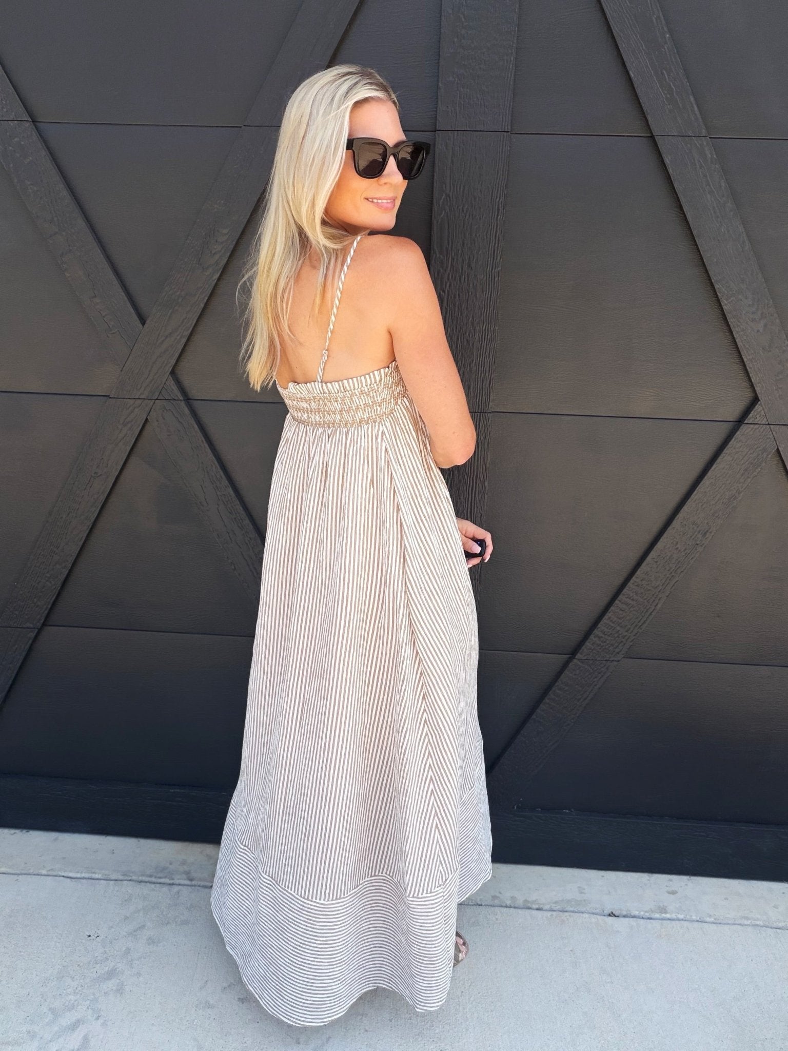 Embroidered Smocked Striped Tunic Maxi Dress In Brown - Infinity Raine