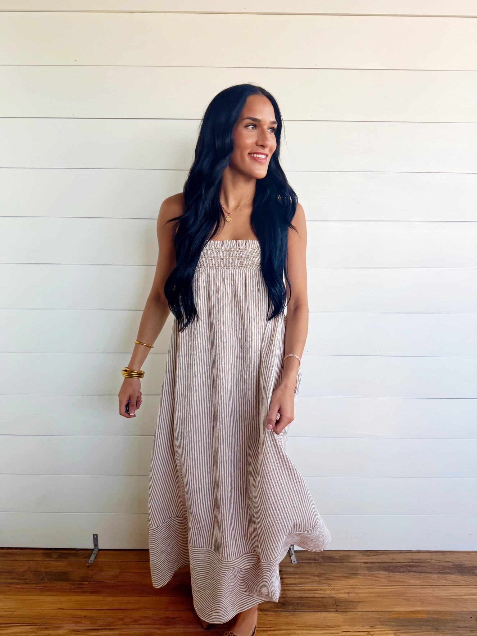 Embroidered Smocked Striped Tunic Maxi Dress In Brown - Infinity Raine