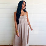 Embroidered Smocked Striped Tunic Maxi Dress In Brown - Infinity Raine