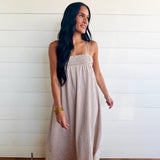 Embroidered Smocked Striped Tunic Maxi Dress In Brown - Infinity Raine