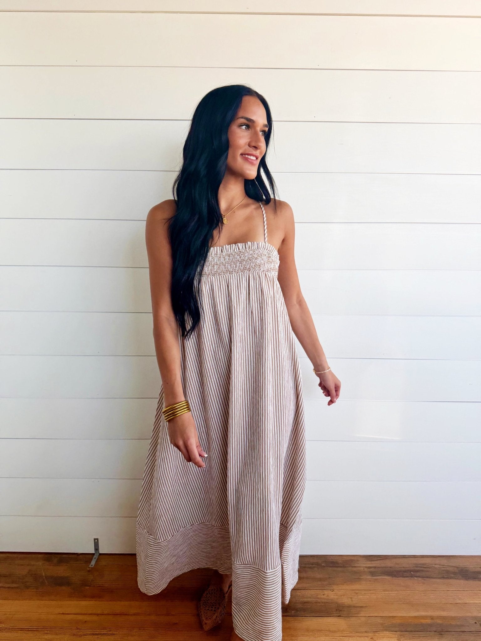 Embroidered Smocked Striped Tunic Maxi Dress In Brown - Infinity Raine