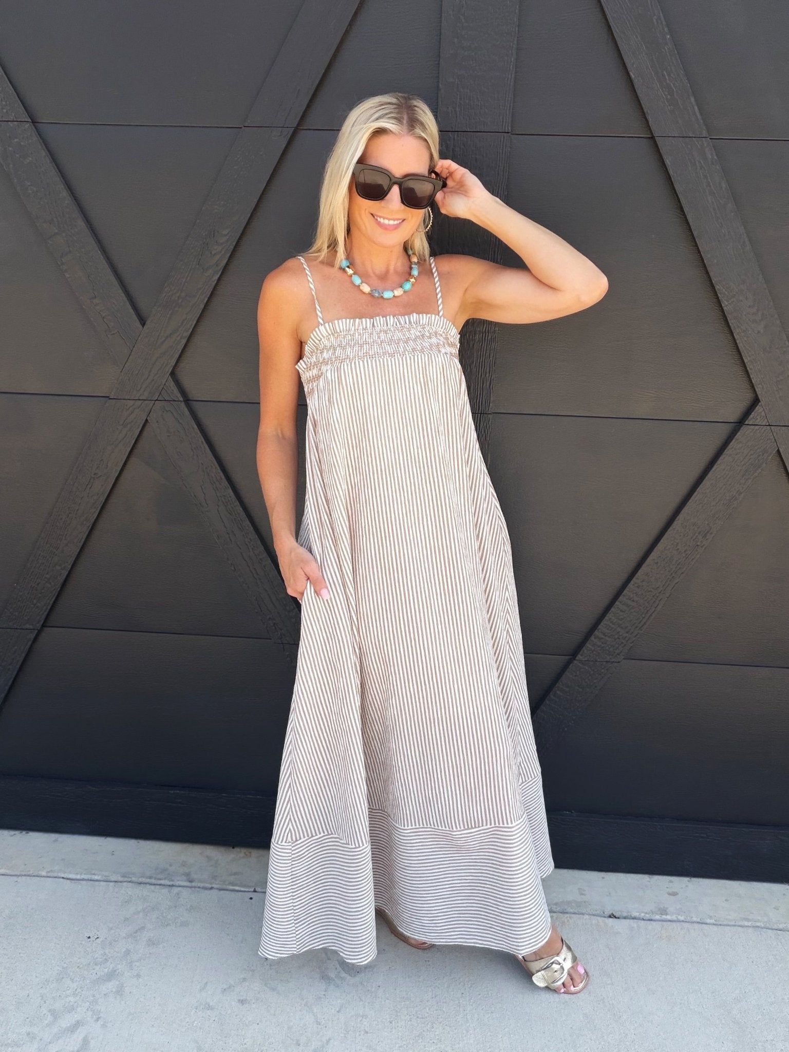 Embroidered Smocked Striped Tunic Maxi Dress In Brown - Infinity Raine