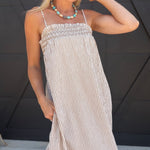 Embroidered Smocked Striped Tunic Maxi Dress In Brown - Infinity Raine