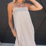 Embroidered Smocked Striped Tunic Maxi Dress In Brown - Infinity Raine