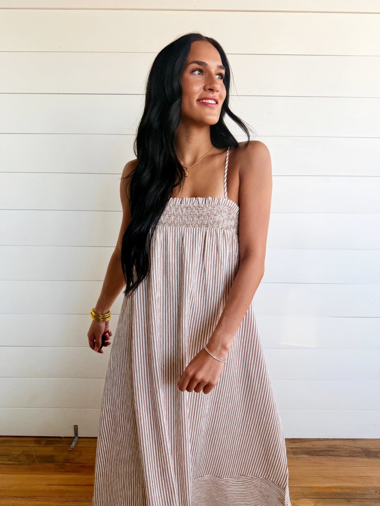 Embroidered Smocked Striped Tunic Maxi Dress In Brown - Infinity Raine