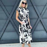 Abstract Print Midi Dress In Cream Black - Infinity Raine