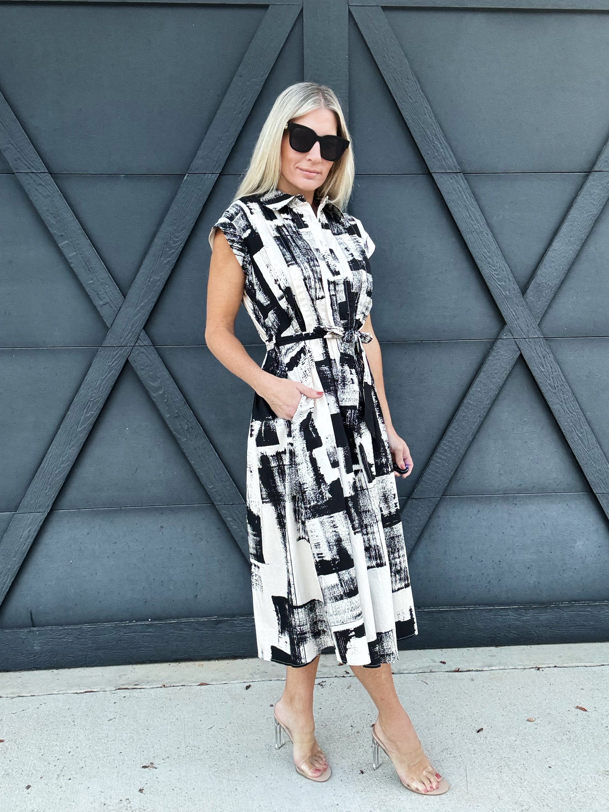 Abstract Print Midi Dress In Cream Black - Infinity Raine