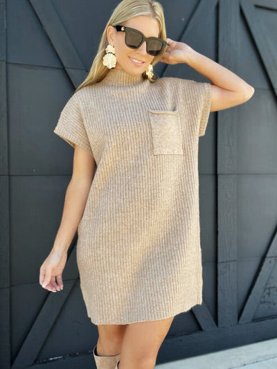 Mock Neck Sweater Dress-Tan - Infinity Raine