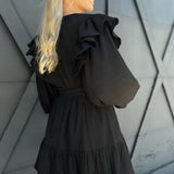 Textured Bubble Sleeve Mini Dress-Black - Infinity Raine