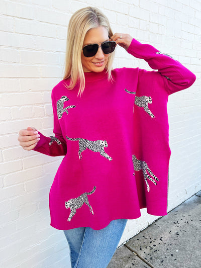 Mock Neck Leopard Sweater-Hot Pink - Infinity Raine