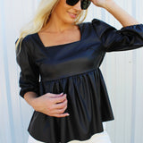 Not A Toy Faux Leather Square Neck Smock Top-Black - Infinity Raine