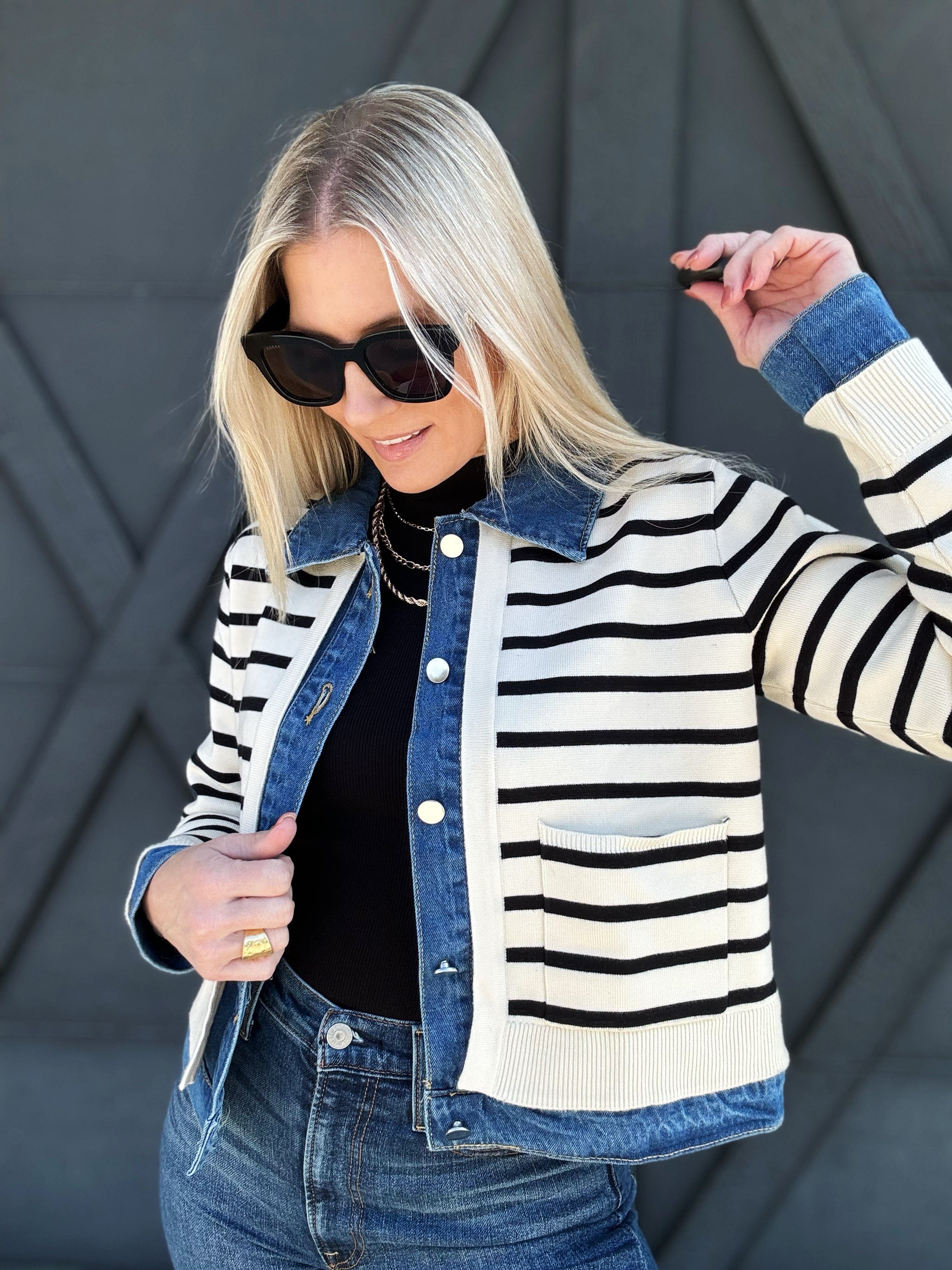 Entro Striped Denim Long Sleeved Cardigan in Cream M