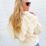 Mock Neck Cable Knit Sweater With Ruffle Detail-Cream - Infinity Raine