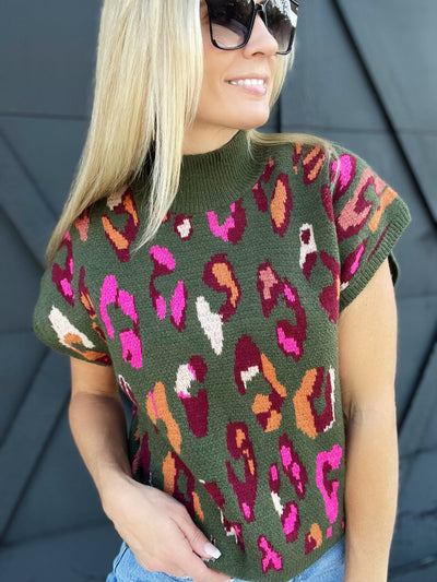 Mock Neck Leopard Sweater-Olive - Infinity Raine
