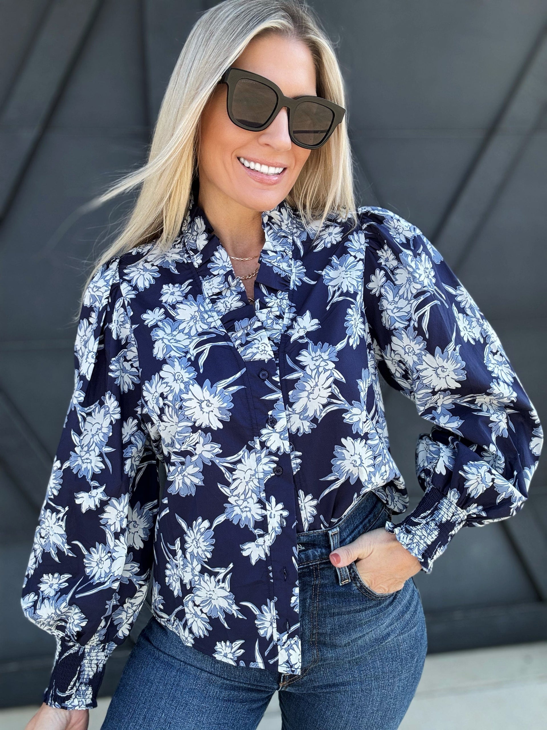 Floral Print Ruffle Neck Poplin Blouse In Navy – Infinity Raine