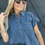 Stitched Denim Button Down Top - Infinity Raine