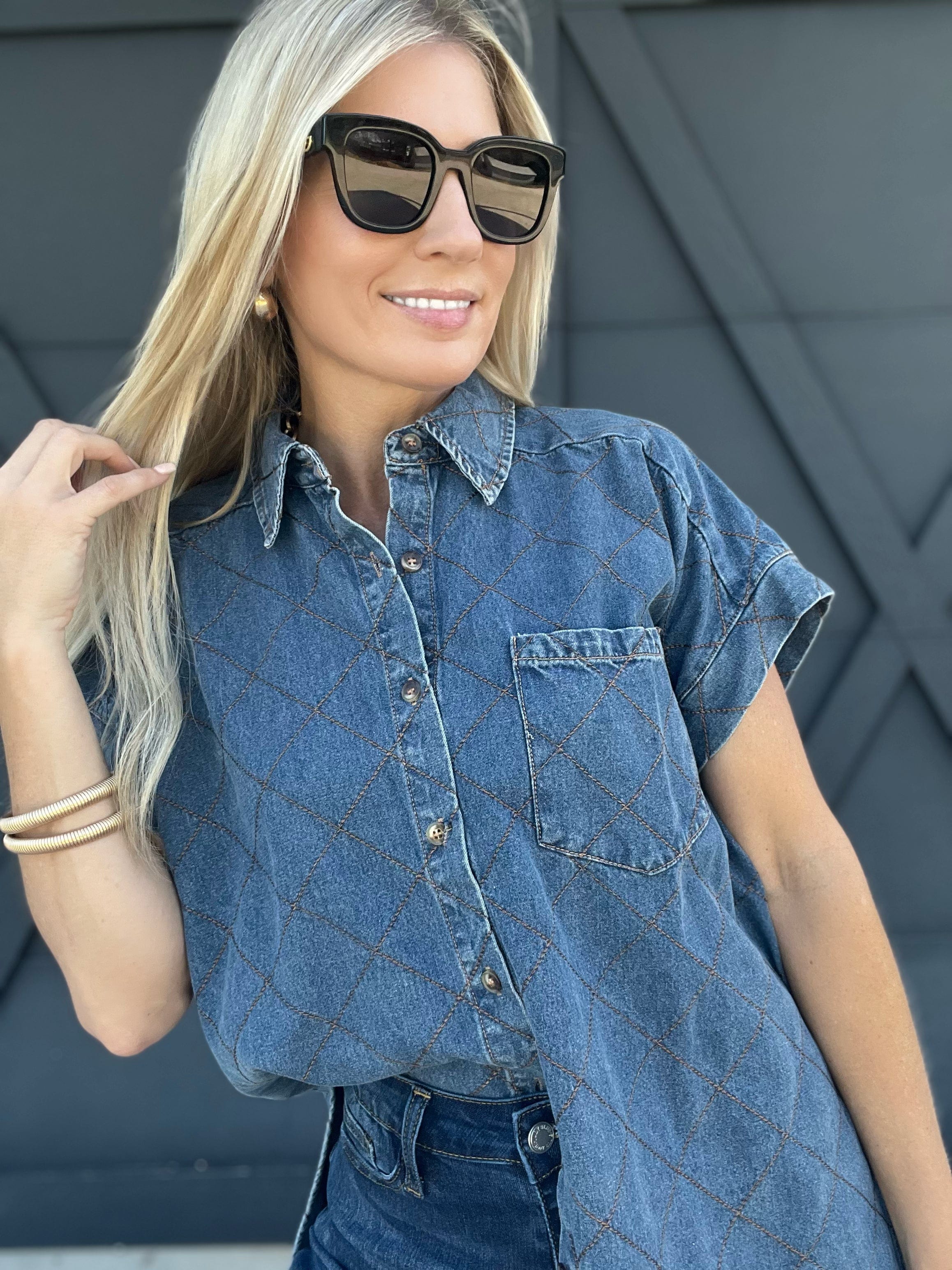 Stitched Denim Button Down Top - Infinity Raine