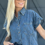 Stitched Denim Button Down Top - Infinity Raine
