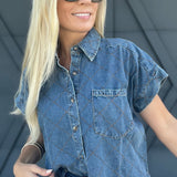 Stitched Denim Button Down Top - Infinity Raine